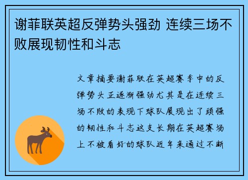 谢菲联英超反弹势头强劲 连续三场不败展现韧性和斗志