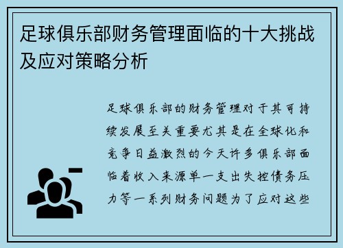 足球俱乐部财务管理面临的十大挑战及应对策略分析 足球俱乐部财务管理面临的十大挑战及应对策略分析