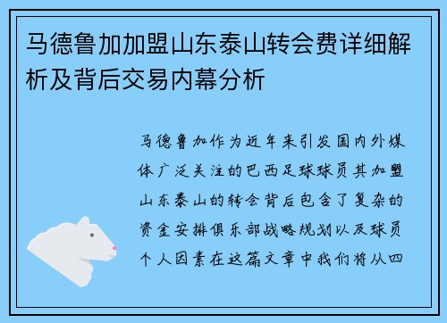 马德鲁加加盟山东泰山转会费详细解析及背后交易内幕分析